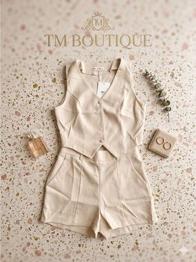 MK Boutique Women's Cream Linen-Blend Vest & High-Waist Shorts Set